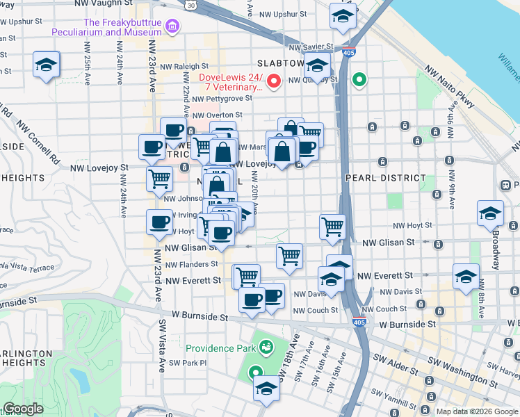 map of restaurants, bars, coffee shops, grocery stores, and more near 708 Northwest 20th Avenue in Portland