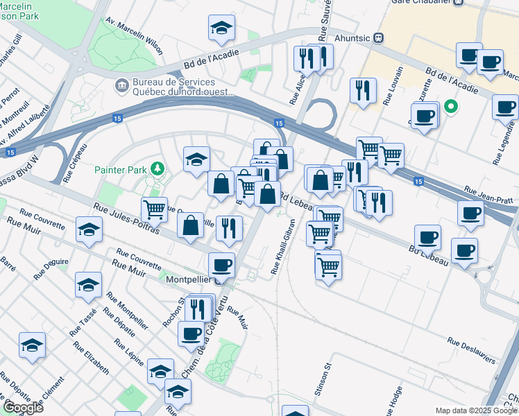 map of restaurants, bars, coffee shops, grocery stores, and more near 237 Cote Vertu in Montréal