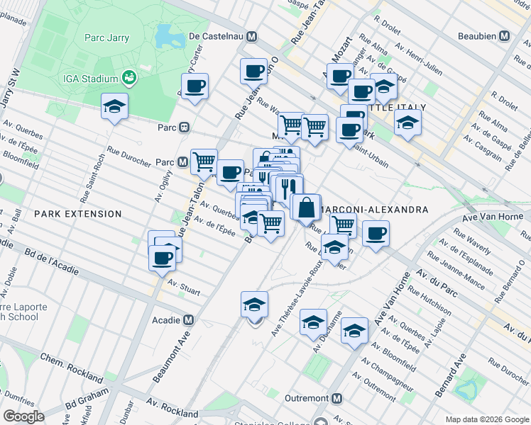 map of restaurants, bars, coffee shops, grocery stores, and more near Avenue Beaumont in Montréal