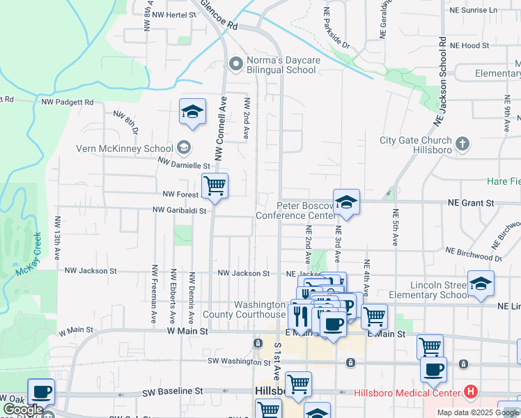 map of restaurants, bars, coffee shops, grocery stores, and more near 519 Northwest Adams Avenue in Hillsboro