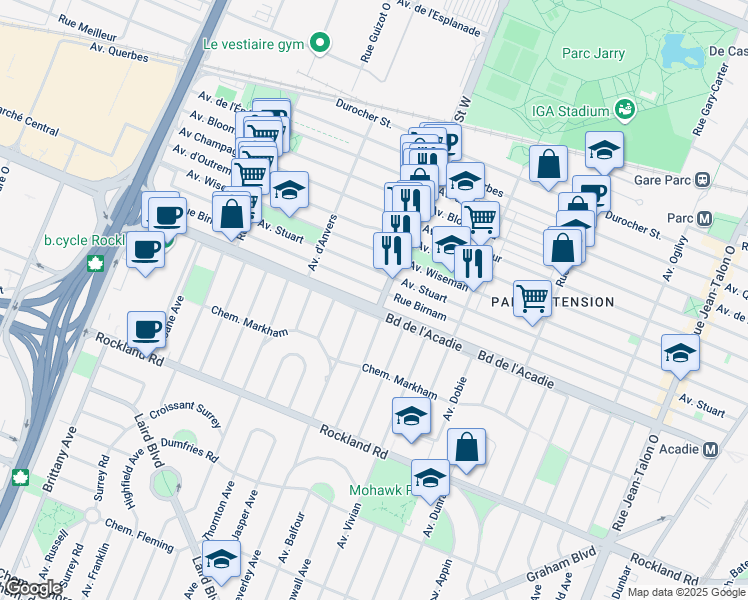 map of restaurants, bars, coffee shops, grocery stores, and more near 1045 Rue Jarry Ouest in Montréal