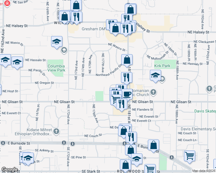 map of restaurants, bars, coffee shops, grocery stores, and more near 665 Northeast 178th Avenue in Portland