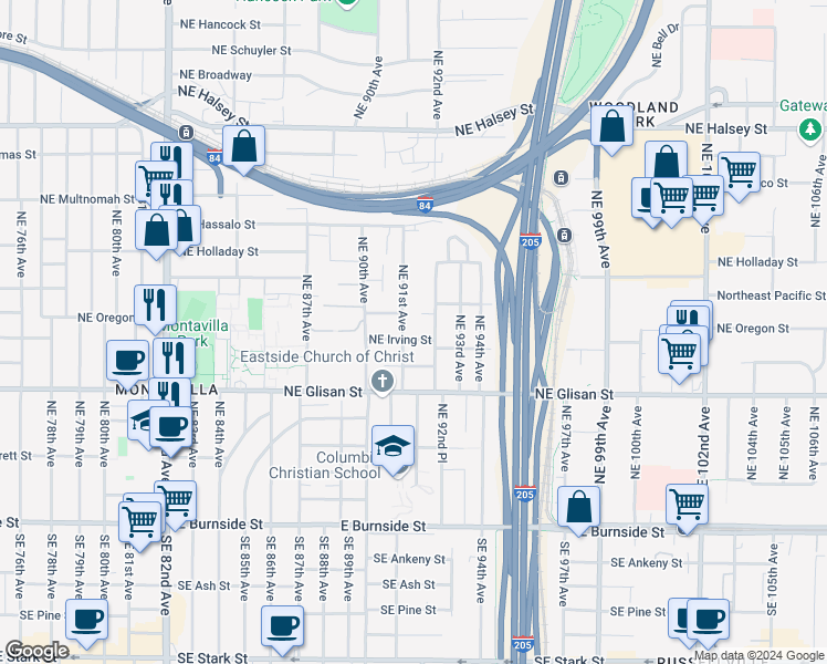 map of restaurants, bars, coffee shops, grocery stores, and more near 9117 Northeast Irving Street in Portland