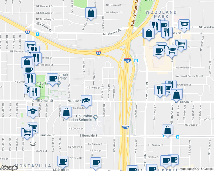 map of restaurants, bars, coffee shops, grocery stores, and more near 729 Northeast 93rd Avenue in Portland