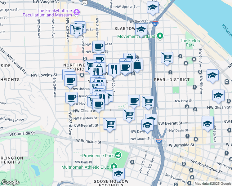 map of restaurants, bars, coffee shops, grocery stores, and more near 709 Northwest 20th Avenue in Portland