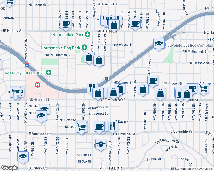 map of restaurants, bars, coffee shops, grocery stores, and more near 5800 Northeast Center Commons Way in Portland
