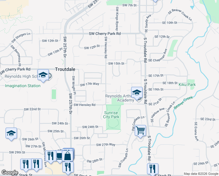 map of restaurants, bars, coffee shops, grocery stores, and more near 537 Southwest 19th Place in Troutdale