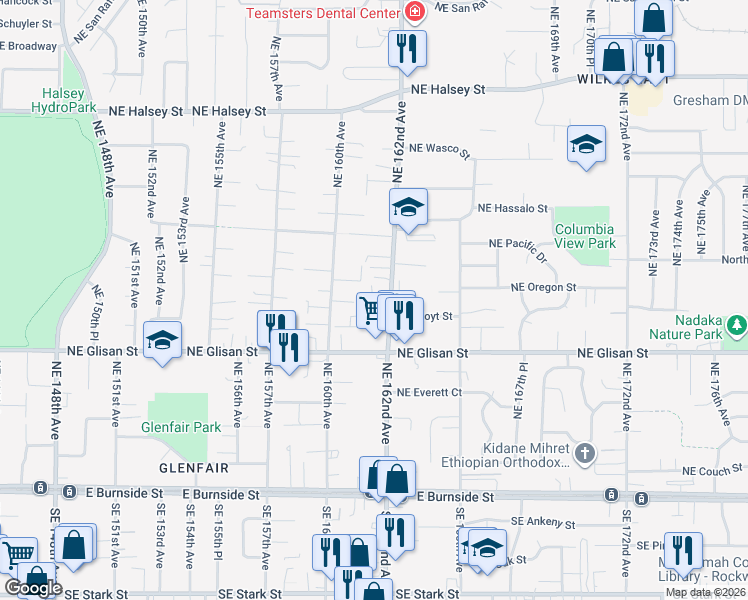 map of restaurants, bars, coffee shops, grocery stores, and more near 640 Northeast 160th Avenue in Portland