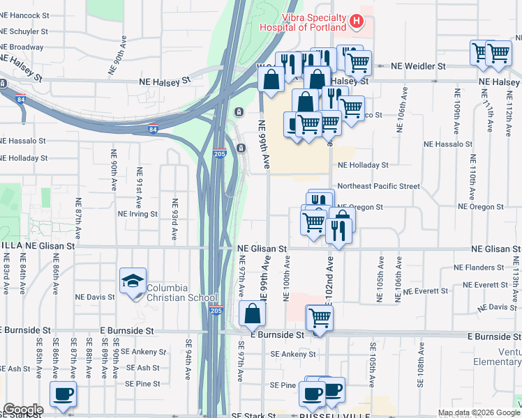 map of restaurants, bars, coffee shops, grocery stores, and more near 737 Northeast 99th Avenue in Portland