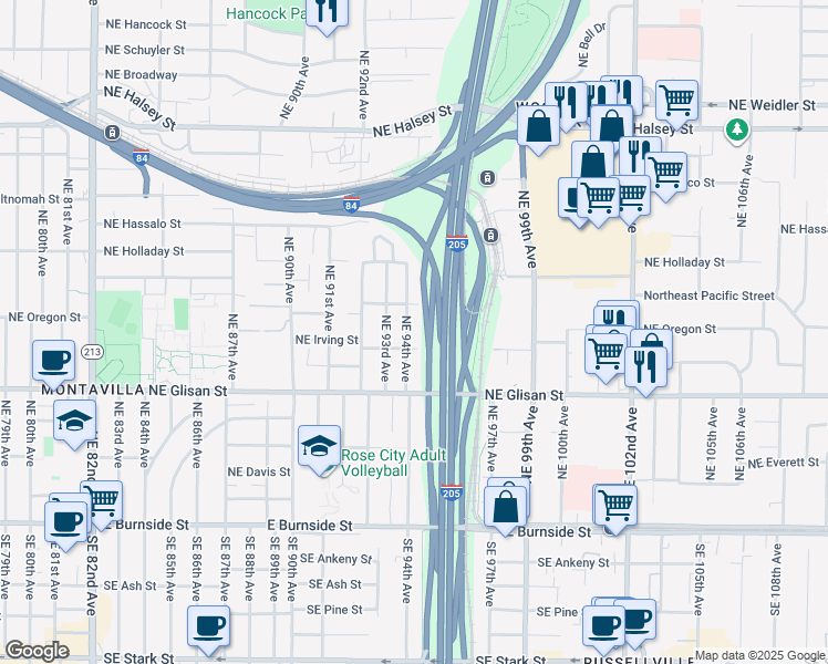 map of restaurants, bars, coffee shops, grocery stores, and more near 728 Northeast 94th Avenue in Portland