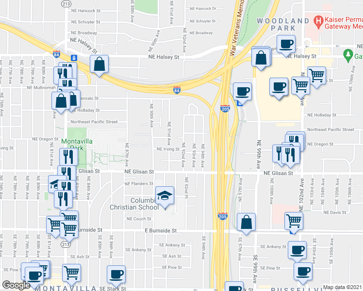map of restaurants, bars, coffee shops, grocery stores, and more near 9117 Northeast Irving Street in Portland