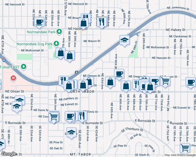 map of restaurants, bars, coffee shops, grocery stores, and more near 714 Northeast 62nd Avenue in Portland