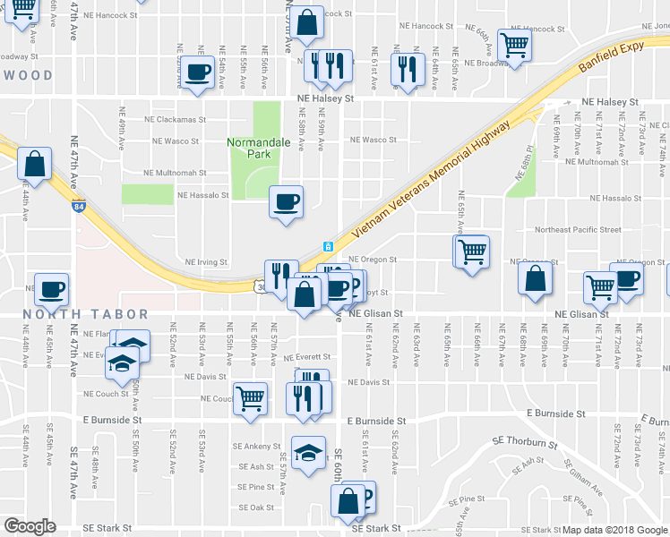 map of restaurants, bars, coffee shops, grocery stores, and more near 5800 Northeast Center Commons Way in Portland