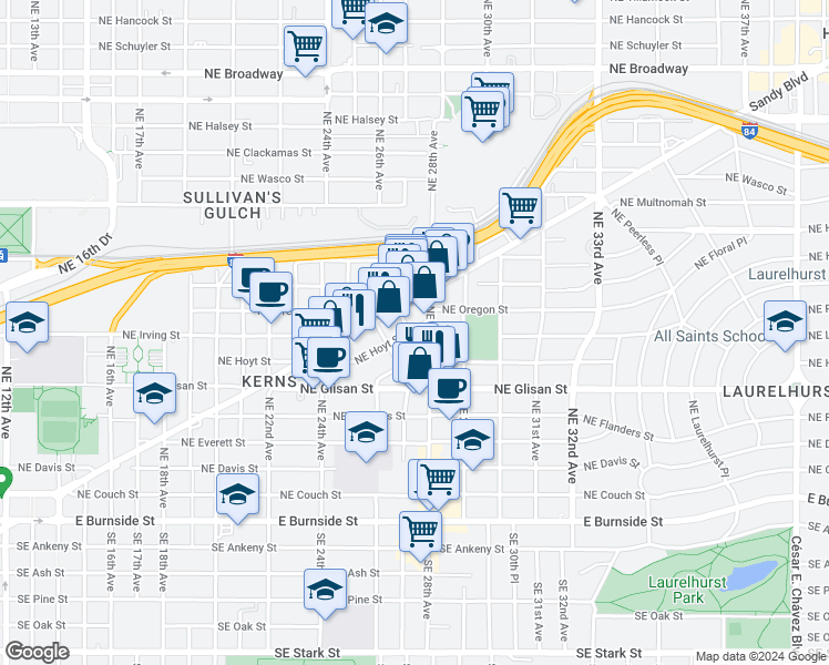 map of restaurants, bars, coffee shops, grocery stores, and more near 711 Northeast Randall Avenue in Portland