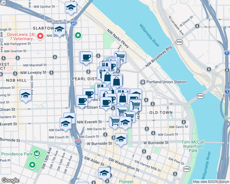 map of restaurants, bars, coffee shops, grocery stores, and more near 1125 Northwest 9th Avenue in Portland