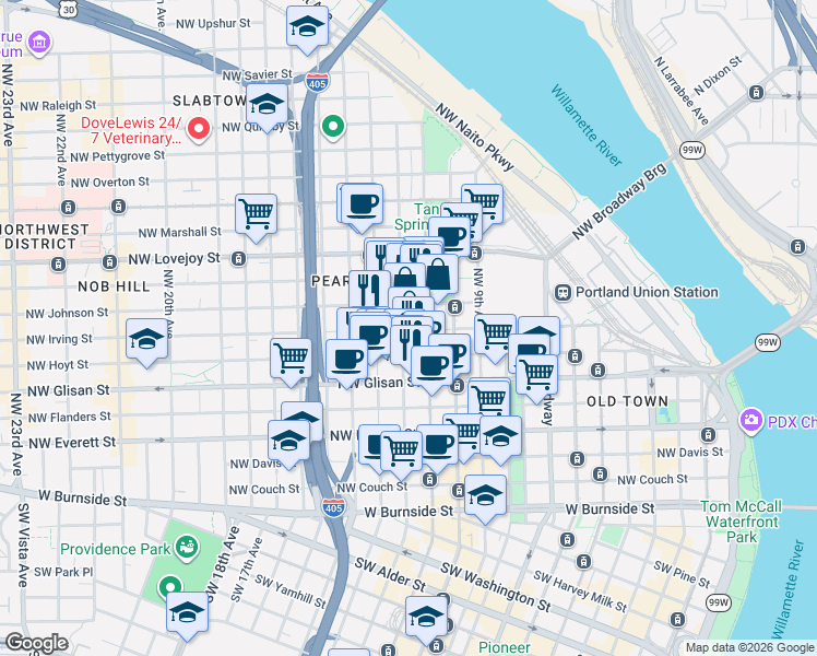map of restaurants, bars, coffee shops, grocery stores, and more near 730 Northwest 12th Avenue in Portland