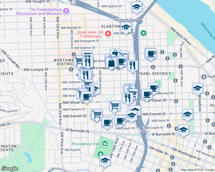map of restaurants, bars, coffee shops, grocery stores, and more near 1929 Northwest Irving Street in Portland