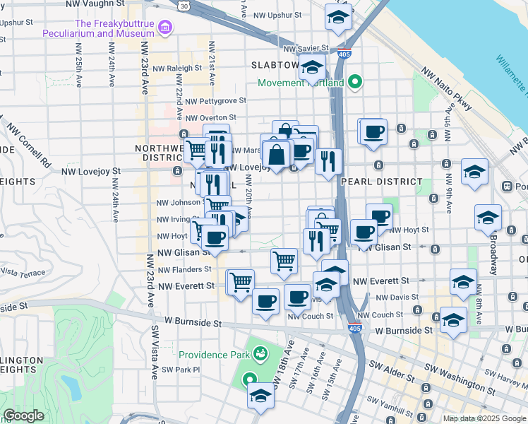 map of restaurants, bars, coffee shops, grocery stores, and more near 1929 Northwest Irving Street in Portland