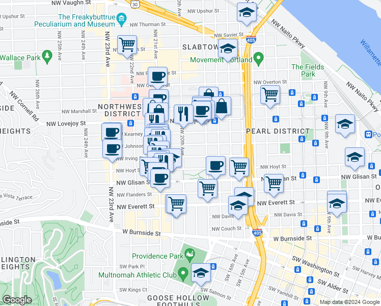map of restaurants, bars, coffee shops, grocery stores, and more near 709 Northwest 20th Avenue in Portland