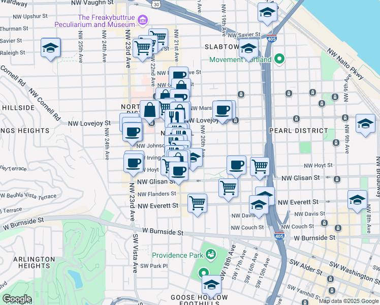 map of restaurants, bars, coffee shops, grocery stores, and more near 710-712 Northwest 21st Avenue in Portland
