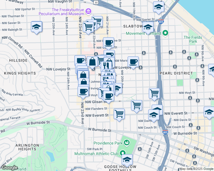 map of restaurants, bars, coffee shops, grocery stores, and more near 2147 Northwest Irving Street in Portland