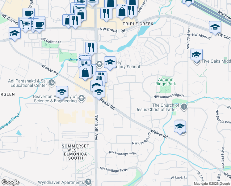 map of restaurants, bars, coffee shops, grocery stores, and more near 1160 Northwest 183rd Avenue in Beaverton
