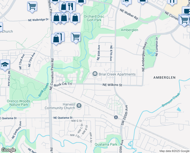 map of restaurants, bars, coffee shops, grocery stores, and more near 1001 Northeast Briarcreek Way in Hillsboro