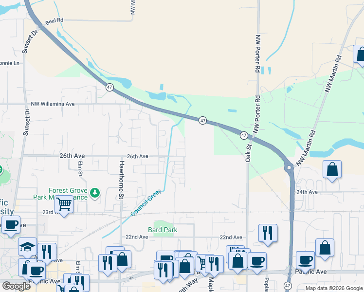 map of restaurants, bars, coffee shops, grocery stores, and more near 2614 Princeton Place in Forest Grove