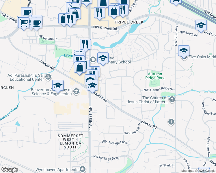 map of restaurants, bars, coffee shops, grocery stores, and more near 1160 Northwest 183rd Avenue in Beaverton