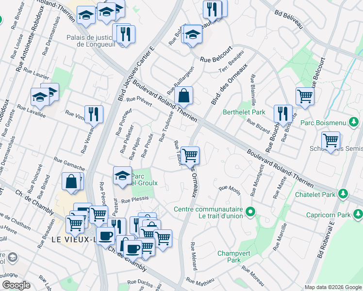 map of restaurants, bars, coffee shops, grocery stores, and more near 409 Rue Talbot in Longueuil