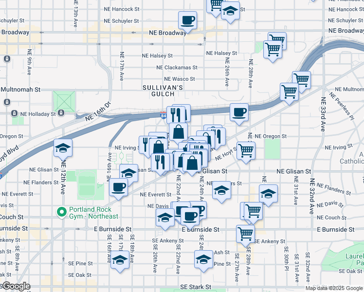 map of restaurants, bars, coffee shops, grocery stores, and more near 700 Northeast 23rd Avenue in Portland