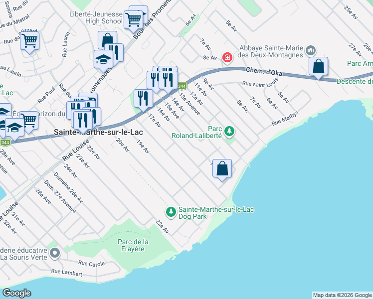 map of restaurants, bars, coffee shops, grocery stores, and more near 53 17e Avenue in Sainte-Marthe-sur-le-Lac
