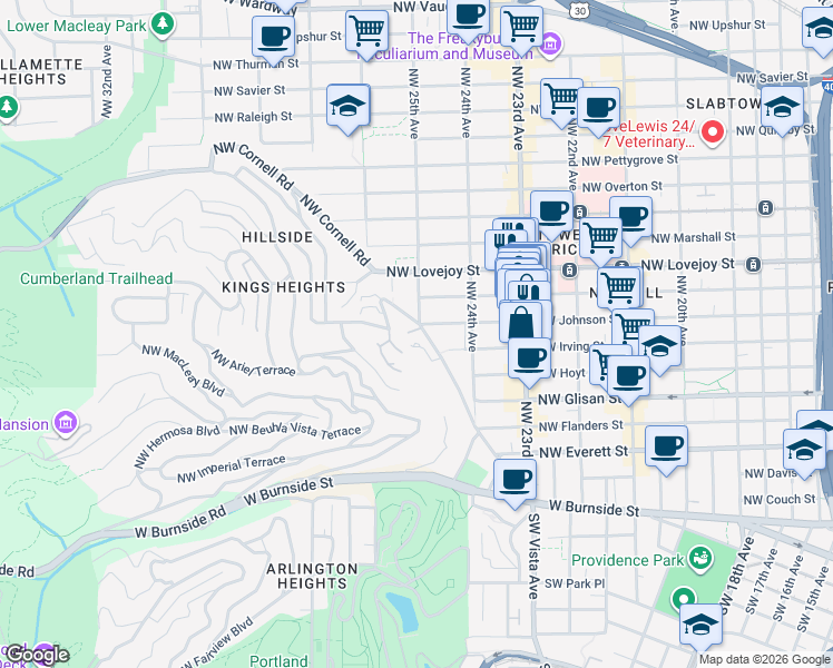 map of restaurants, bars, coffee shops, grocery stores, and more near 790 Northwest Westover Terrace in Portland