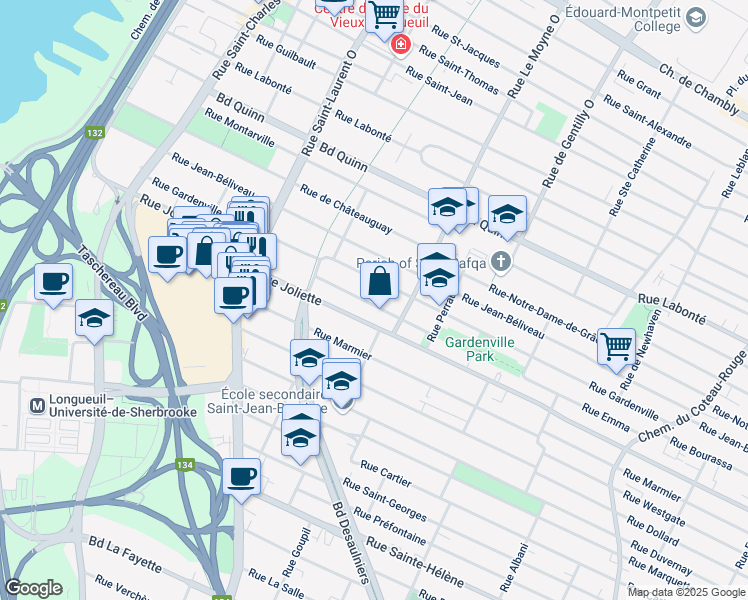 map of restaurants, bars, coffee shops, grocery stores, and more near 695 Rue d'Iberville in Longueuil
