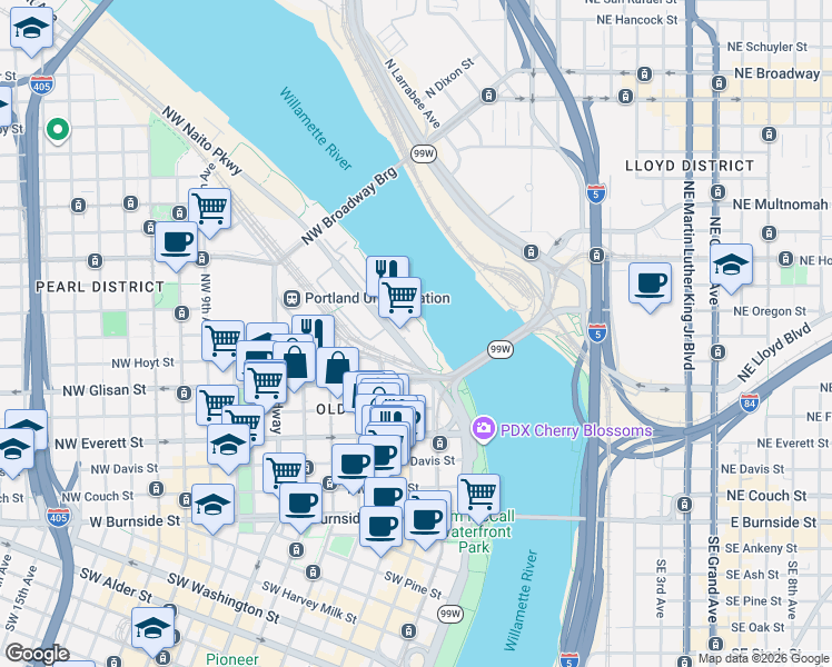 map of restaurants, bars, coffee shops, grocery stores, and more near 710 Northwest Naito Parkway in Portland