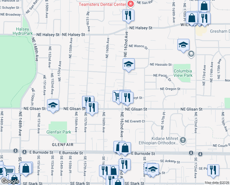 map of restaurants, bars, coffee shops, grocery stores, and more near 640 Northeast 160th Avenue in Portland