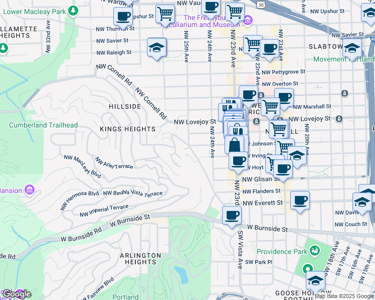 map of restaurants, bars, coffee shops, grocery stores, and more near 790 Northwest Westover Square in Portland
