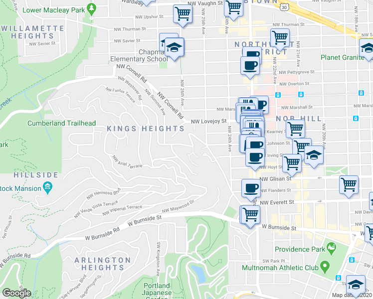 map of restaurants, bars, coffee shops, grocery stores, and more near 2580 Northwest Westover Road in Portland