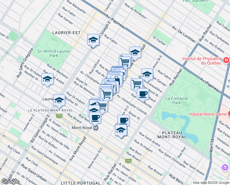 map of restaurants, bars, coffee shops, grocery stores, and more near 1100 Avenue du Mont-Royal Est in Montréal