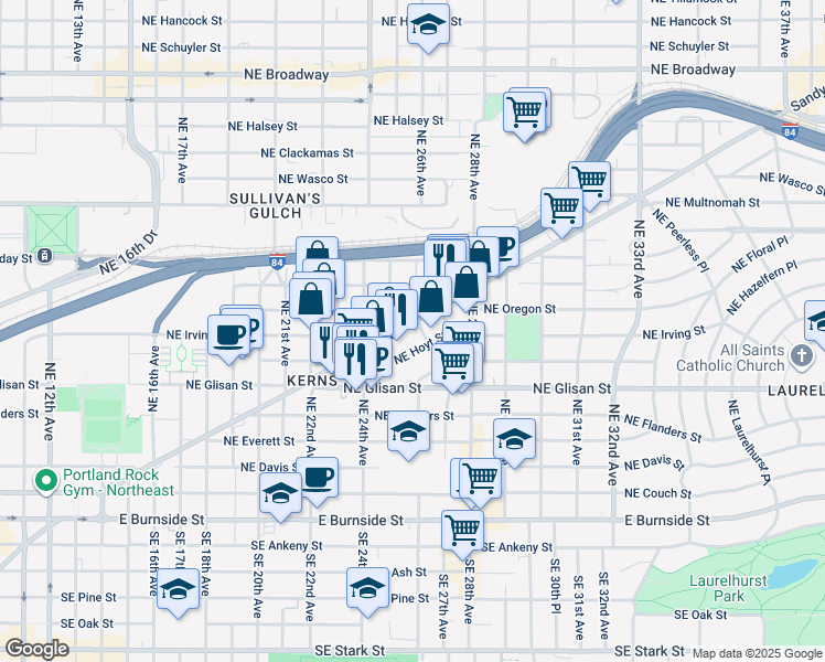 map of restaurants, bars, coffee shops, grocery stores, and more near 2510 Northeast Sandy Boulevard in Portland