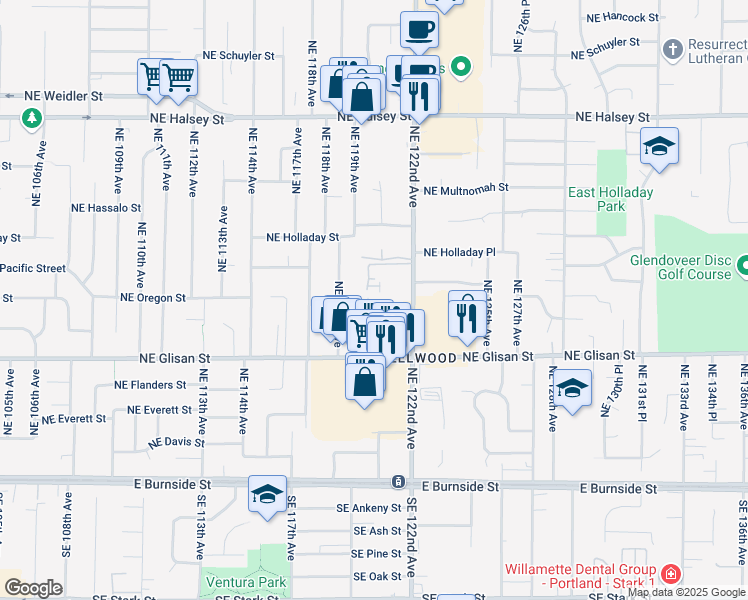 map of restaurants, bars, coffee shops, grocery stores, and more near 734 Northeast 120th Avenue in Portland