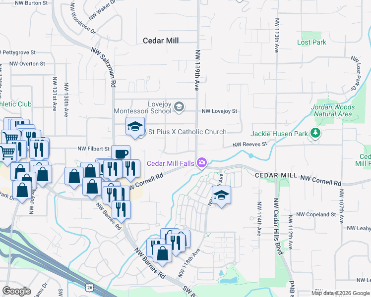 map of restaurants, bars, coffee shops, grocery stores, and more near 1165 Northwest 119th Place in Portland