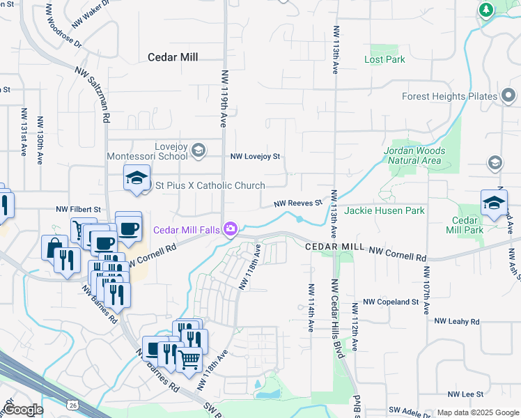 map of restaurants, bars, coffee shops, grocery stores, and more near Northwest 116th Avenue in Portland