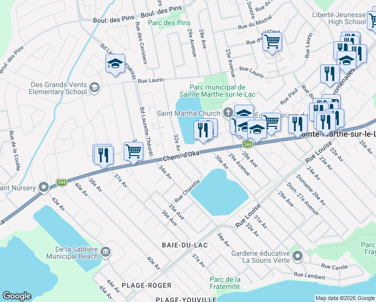 map of restaurants, bars, coffee shops, grocery stores, and more near 3157 Chemin d'Oka in Sainte-Marthe-sur-le-Lac