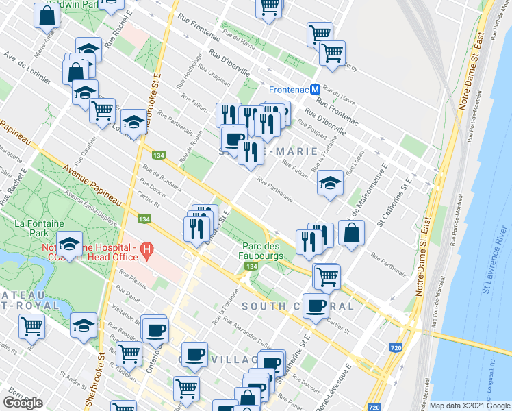 map of restaurants, bars, coffee shops, grocery stores, and more near 1910 Avenue des Érables in Montréal