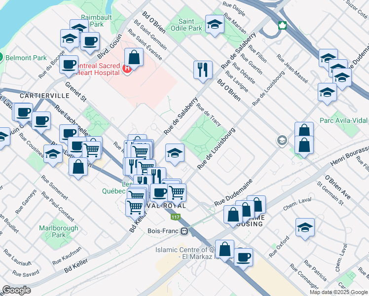 map of restaurants, bars, coffee shops, grocery stores, and more near 11918 Rue de Meulles in Montreal