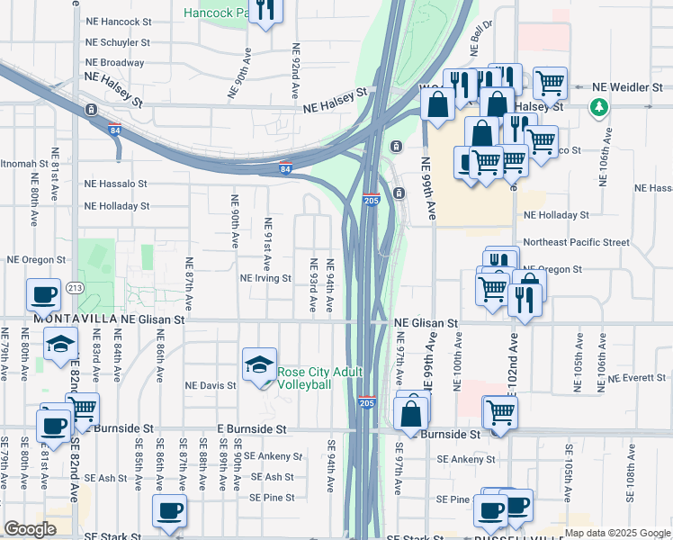 map of restaurants, bars, coffee shops, grocery stores, and more near 728 Northeast 94th Avenue in Portland