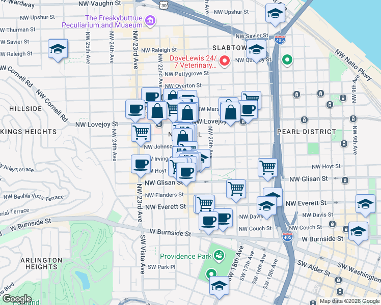 map of restaurants, bars, coffee shops, grocery stores, and more near 710-712 Northwest 21st Avenue in Portland
