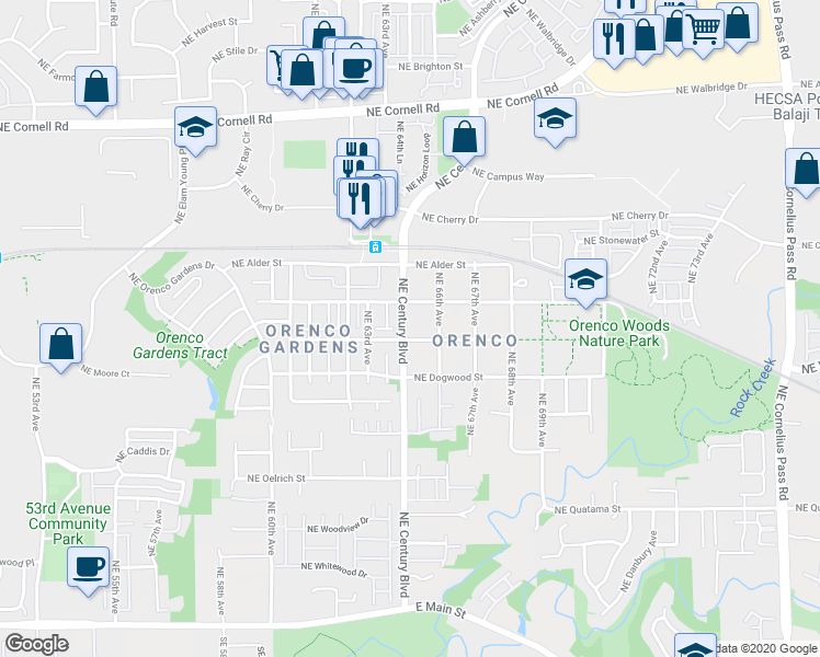 map of restaurants, bars, coffee shops, grocery stores, and more near 23093 Northwest Chestnut Street in Hillsboro