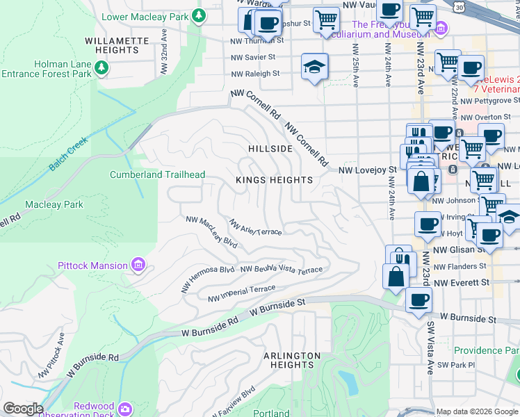 map of restaurants, bars, coffee shops, grocery stores, and more near 701 Northwest Culpepper Terrace in Portland